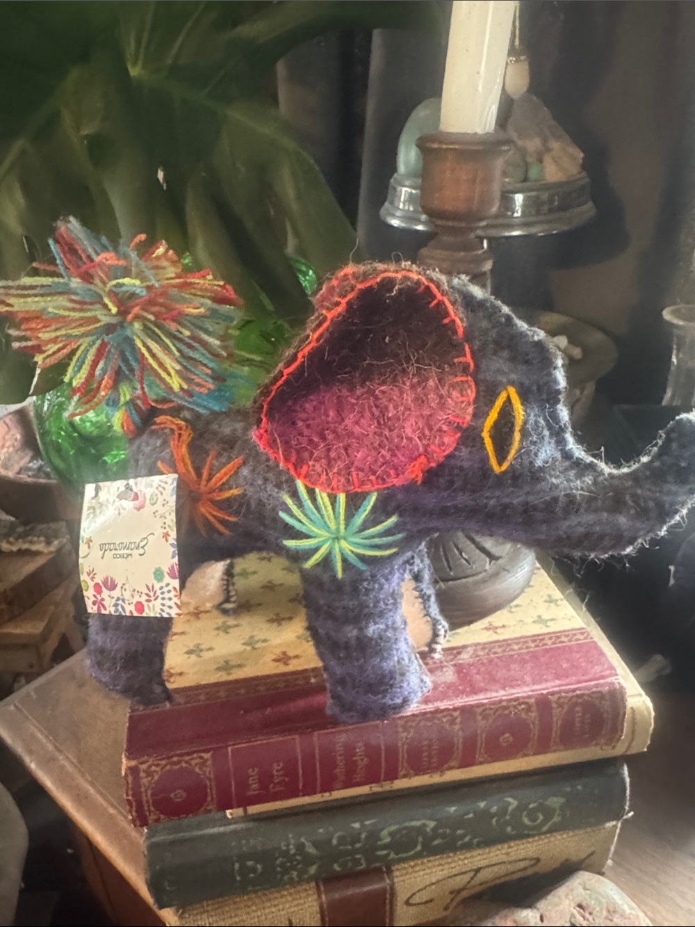Handcrafted Felt Elephant Sculpture - Multicolor with Pink Accent
